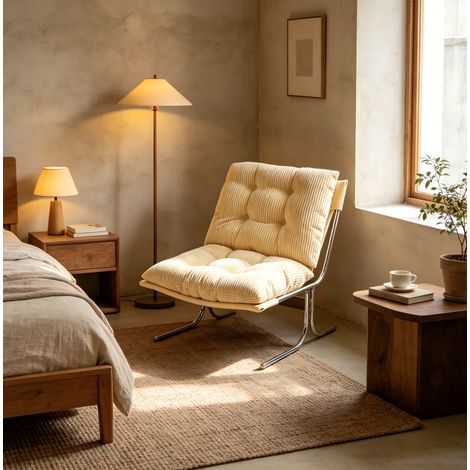 Fauteuil lounge en velours côtelé ivoire avec revêtement déhoussable et pieds en métal (1/5)