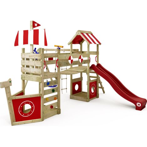 Juego de jardin de madera Wickey StormFlyer con Columpio y Areneros en rojo