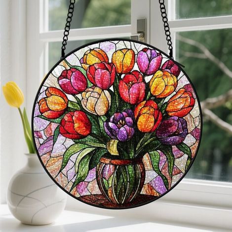 15cm Suspension en vitrail - Attrape-soleil minimaliste coloré élégant unique, décoration maison porte, cadeau Anniversaire pour femme, homme, tante (1/5)
