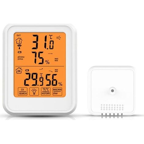 Thermomètre Hygromètre Extérieur Intérieur, Grand Écran LCD Rétroéclairé, Capteur à Distance, Précision Élevée, Commutateur Celsius Fahrenheit, Humidité et Température, Blanc (1/5)