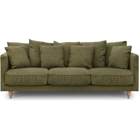 Canapé droit 4 places – Tissu 100% polyester vert – Pieds en bois massif – L 212 x H 87 x P 93 cm – Confort moelleux (1/5)