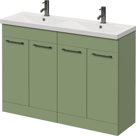 Napoli 390 Olive Green 1200mm 4 Door Vanity Unit with Double Glide Basins - 1200mm - Gunmetal Grey 160mm Handle
