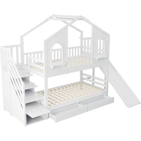 GagaLit superposé enfant 90 x 200 cm maison blanche avec toboggan (1/5)