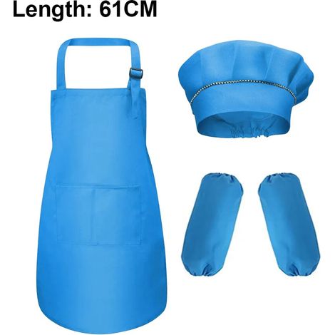 1 Juego Delantal y Gorro para Niños con Mangas Delantal de Cocina para Niños para Cocinar Hornear Pintura Mono de Trabajo Jardín de Infancia Pintura Arte (Azul Cielo, L) (1/5)