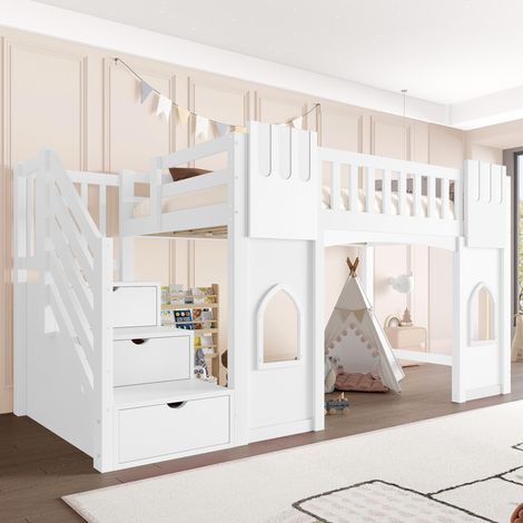 Lit mezzanine 90 x 200 cm avec escalier de rangement et fenêtre, blanc, parfait pour location saisonnière (1/5)