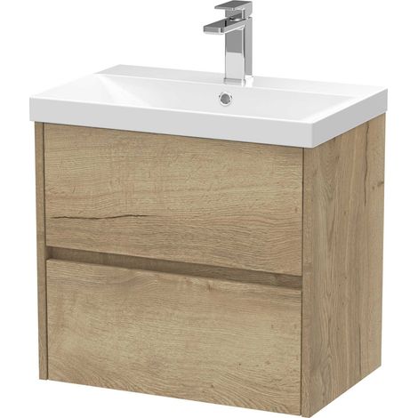 Nuie Havana Autumn Oak Woodgrain 600mm Wall Hung 2 Drawer Vanity Unit and Thin Edge Ceramic Basin - HAV804D (1/4)
