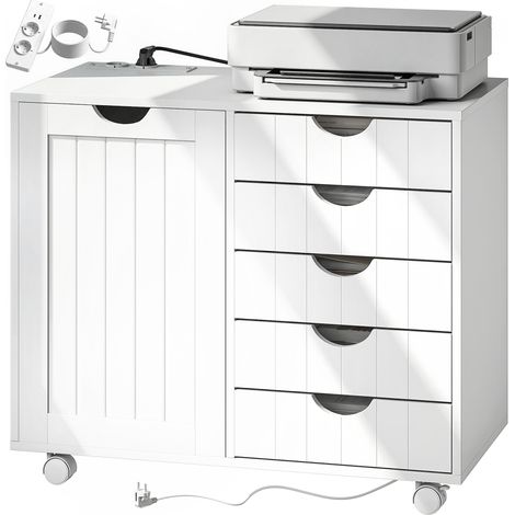Meuble pour imprimante avec station de charge, roulettes, 5 tiroirs, ports USB, étagère réglable, blanc (1/5)