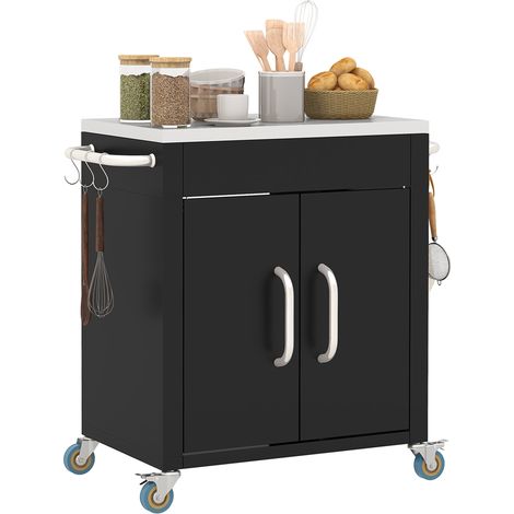 Carrello da Cucina in Acciaio Inox con Armadietto Contenitore e 6 Ganci, 86x50x86.5 cm, Nero