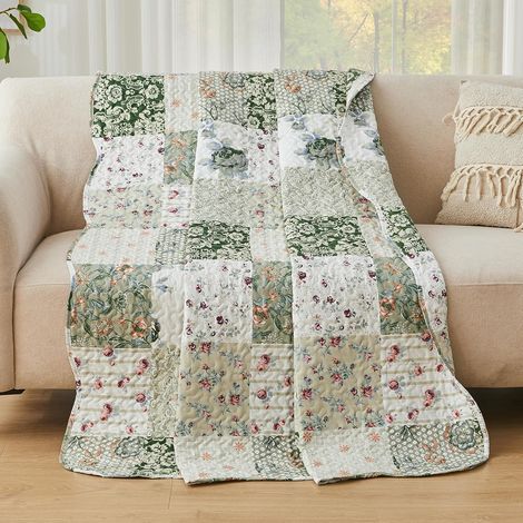 Couvre-lit Patchwork de Style à Motif Floral, Couvre-lit matelassé en Polyester léger et Respirant, Couverture matelassée (Vert, 150x200cm) (1/5)