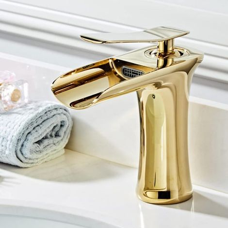 Robinet de lavabo de style cascade dorée, robinet d'eau chaude et froide, adapté aux salles de bains modernes.