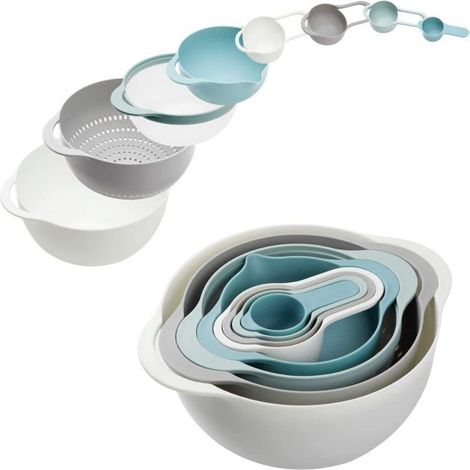 Ensemble de 8 bols mélangeurs multicolores en plastique, empilables pour un rangement facile, comprenant des tasses à mesurer, une passoire, un tamis et un grand bol. Idéal pour la cuisine et la pâtis (1/5)