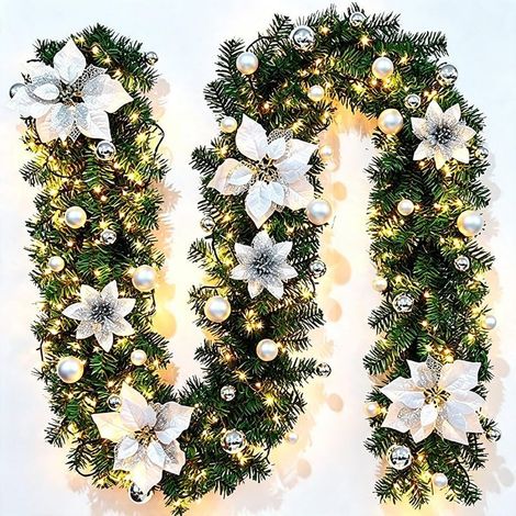 Weihnachtsgirlande, 2,7 m lange künstliche Baumgirlande mit Lichtern, Beeren und Kugeln, für Kamine, Treppen, als Heimdekoration, Weihnachtsdekoration (1/5)
