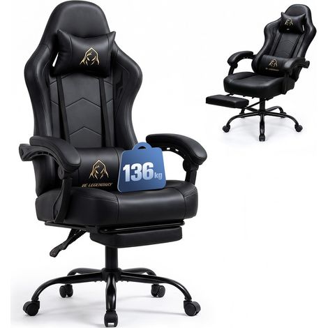 COLAMY Fauteuil Gaming en Similicuir PU, Assise Extra-Large de 52 cm, Dossier Inclinable de 102° à 135°, Repose-Pieds Extensible, Appui-Tête et Coussin Lombaire, Charge Maximale de 136 kg,noir (1/5)