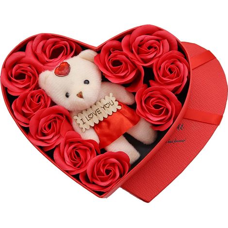 Coffret cadeau de 10 fleurs de savon parfumées à la rose, boîte en métal rouge en forme de cœur, rose artificielle (1/5)