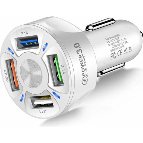 Chargeur de Voiture USB,Adaptateur de Chargeur de Voiture 4 en 1 Dispositif de Charge Rapide USB 7A 35W avec lumière LED pour véhicule Tout-Terrain SUV de Voiture 12-32V(blanc)