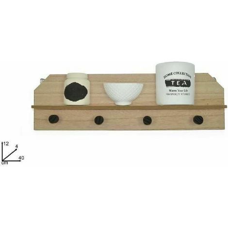 Trade Shop - Mensola In Legno Da Parete Ripiano Con 4 Appendini Decorazione Casa 12x40x4 Cm -