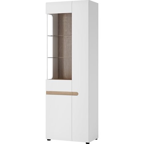 Wohn-/Esszimmer Vitrinenschrank in weiß Hochglanz mit Trüffel Eiche Nb. LEGNICA-129, B/H/T ca. 64/194,5/42 cm (1/4)