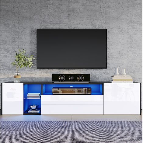 Mueble para TV LED (180x40x45 cm), con 2 cajones y 2 armarios, frontal brillante, aglomerado y vidrio templado, blanco y negro (1/5)