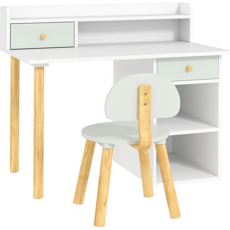 Meuble bureau enfant avec chaise, compartiment cajones et étagères, vert clair et blanc (1/5)