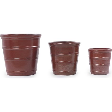 Vaso da fiori in ceramica artigianale Ø 32 cm, rosso bruno lucido con scanalature (1/5)