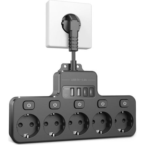Multiprise Murale avec Interrupteur Multiprise avec USB C et USB A Chaque 5 Prises avec câble d'extension 10CM pour Bureau à Domicile, Gaming, hôtel (1/5)