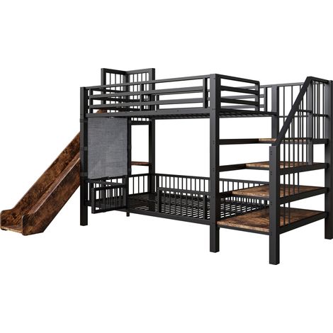 Cama alta infantil de metal con tobogán y escalera con almacenaje 90x200 cm negra HOMVRA (1/5)