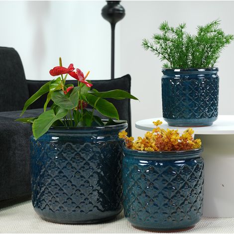 Macetas de cerámica para jardín 3 piezas, Ø 38/30,5/23 cm, azul verdoso brillante HAVRYA (1/5)