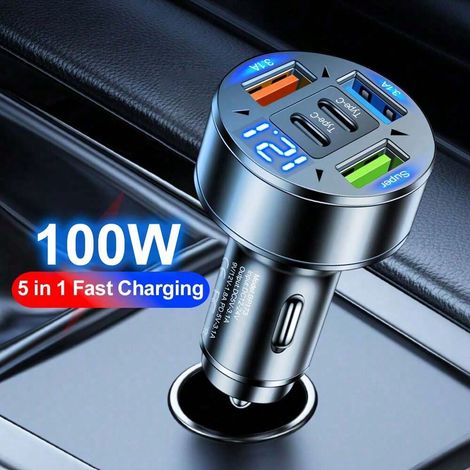 Chargeur de voiture 100W 3USB 2 Type C - Charge rapide PD QC3.0, chargeur de voiture USB-C pour téléphone, compatible avec iPhone, Android, appareils Type C (1/5)