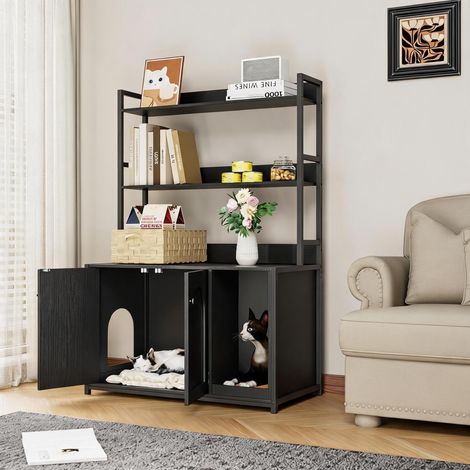 Maison De Toilette Pour Chat, Meuble Litière Chat, Armoire à Litière Avec 2 Portes Et Coussin, Étagère d'Angle Meuble De Rangement 45x90x133 Cm (1/5)