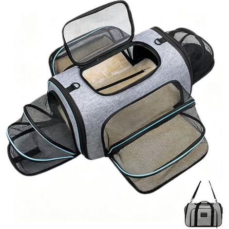 Sac de transport pour chiens et chats – Sac de transport pour chien – Sac de voyage – Sac de transport pour chat – Convient pour les voyages en avion – Quatre portes – Gris – 45,5 x 28 x 28 cm (1/5)