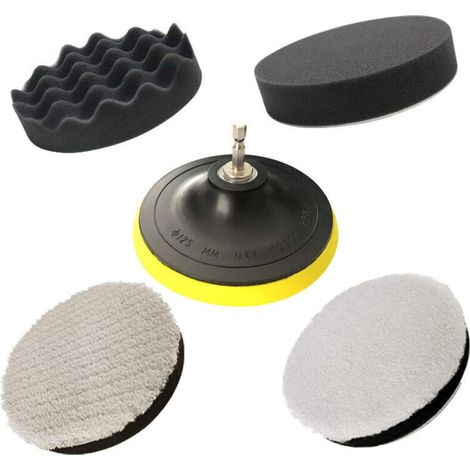 Kit D'éponge de Polissage, Patins de Polissage avec Adaptateur de Forage, 125mm/5 Pouces, Disque Polissage, Tampons Polisseur Automobile Composé pour la Voiture, Polisseuse et Cirage (1/4)