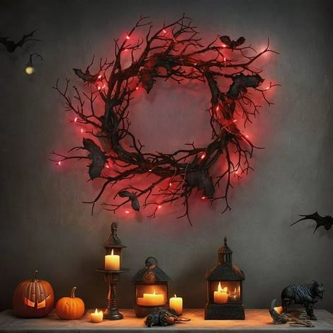 Halloween-Dekoration: 45 cm große schwarze Fledermaus mit rotem LED-Licht an einem Ast, Schmuck für Türen und Fenster, Halloween-Accessoire (1/5)