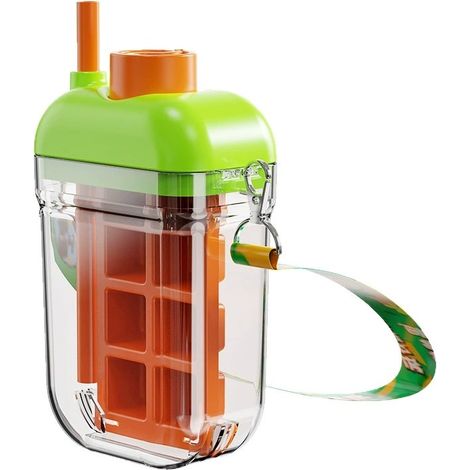 Gobelet portable orange 2 en 1 fabricant de glaçons avec paille, bouteille à eau réutilisable moule à glace intégré, gourde compacte étanche avec sangle pour sport voyage et usage quotidien (1/3)