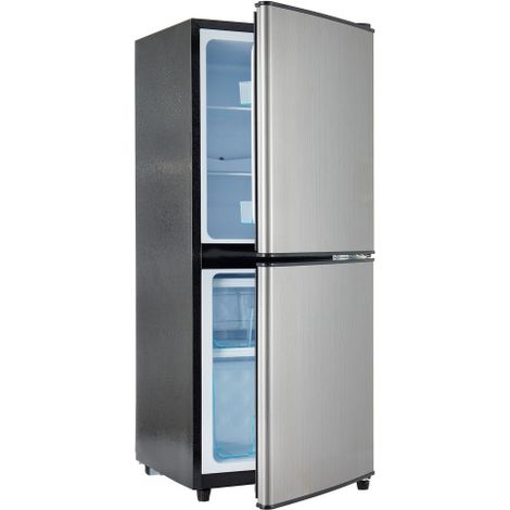 106L energiesparender Minikühlschra, 60-l-Kühlschrank + 46-l-Gefrierschrank, 7 Temperatureinstellungen, silberne Tür + schwarzer Korpus, LED-Beleuchtung, verstellbare Einlegeböden, 166 kWh/Jahr, 45 dB