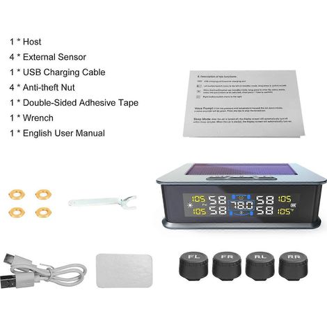 Système de surveillance de la pression des pneus, moniteur de pression des pneus à énergie solaire avec 4 capteurs externes, sécurité (1/4)