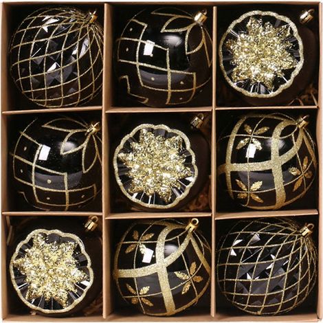 Bemalte Weihnachtskugeln, Dekoration, Festtagskollektion, Weihnachtskugeln mit künstlerischem Muster, Kugel für Baumschmuck, Schwarz/Gold (1/5)