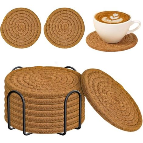 Set de 8 sous-verres ronds en verre – Tressés antidérapants – Résistants à la chaleur – Design marron – Pour verres et tasses (1/5)