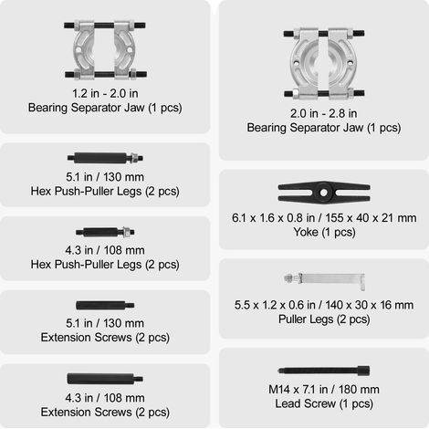 Kit extractor de rodamientos, capacidad de 5 toneladas, diseño de doble pata, 14 piezas. (1/2)