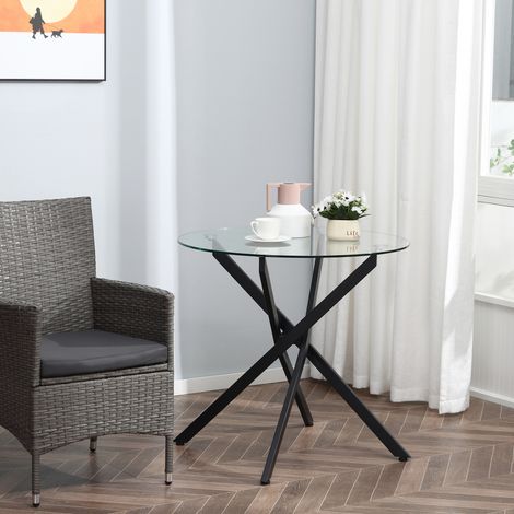Mesa de comedor moderna de cristal, 80 cm de diámetro, mesa de cocina con tablero de cristal templado y patas de metal, para 4 personas.