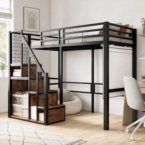 Letto a soppalco bambino 90x200 in metallo e MDF nero con scala e contenitore, senza materasso (1/5)