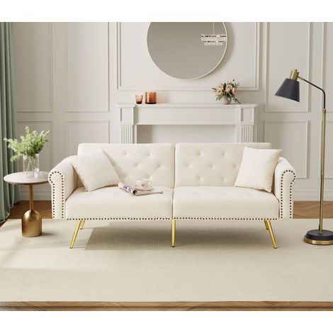 Divano letto 2 posti 173 x 75 x 70 cm, schienale reclinabile 3 posizioni, velluto beige HAVRYA (1/5)