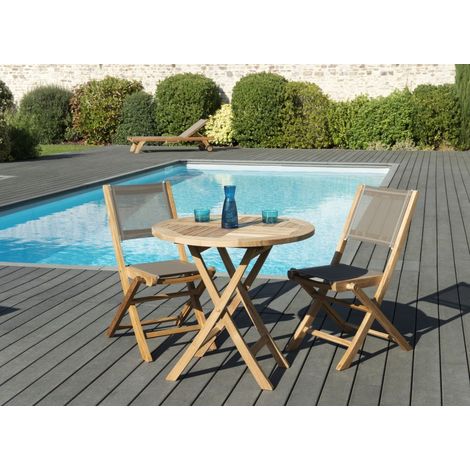 FUN - Ensemble de jardin 2 pers. table bois Teck 80cm, 2 chaises gris (1/5)