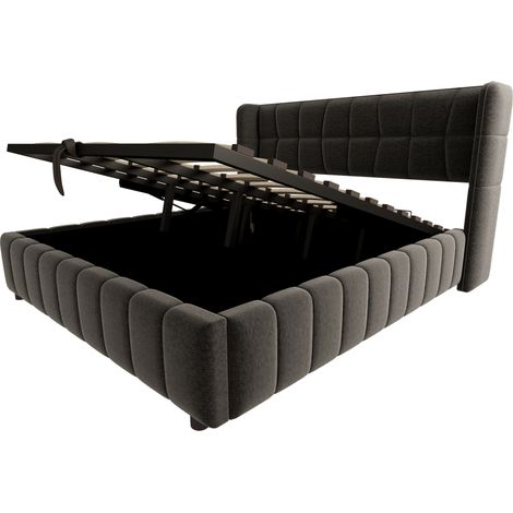 Cama tapizada 180 x 200 cm con somier de láminas y arcón gris HOMVRA (1/5)