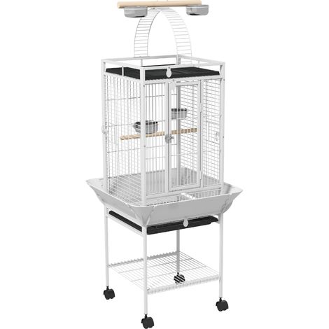 Cage à oiseaux avec roulettes, volière blanche sur support, tiroir amovible, perchoir en bois, 62,5x62,5x156cm (1/5)