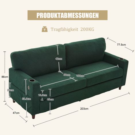 Canapé chenille moderne 2 places avec USB-C,LED,porte-gobelets et poches latérales,cadre bois/métal,pour salon,chambre ou bureau. Emerald