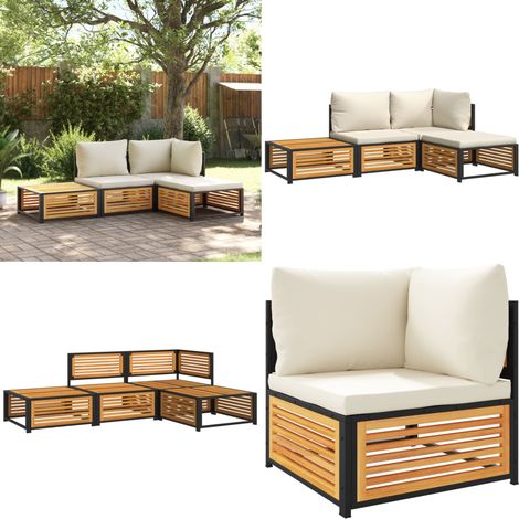 Salon de jardin avec coussins 4 pcs bois d'acacia massif - Ensemble Salon De Jardin - Meubles De Jardin - Salon De Jardin Acacia - Mobilier Exterieur - Chaise Longue - Home & Living