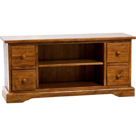Country-style solid lime wood walnut finishW129xDP40xH60 cm sized TV stand cabinet. Made in Italy (1/5)