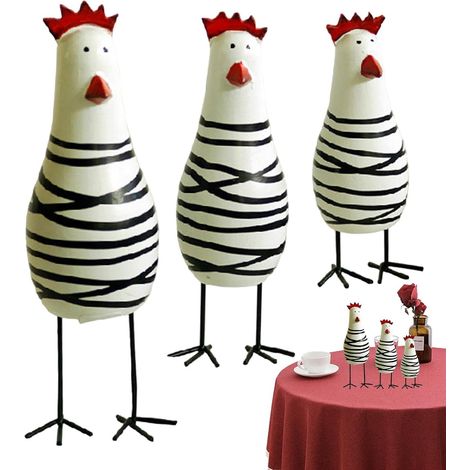 Statue de poulet en bois, figurine de coq en bois,Décoration de statue de coq Statue de coq peinte à la main en bois de 3 pièces, figurines d'art Décoration rustique pour la maison (1/5)