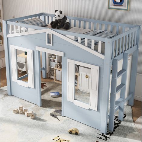 Lit mezzanine enfant 90x200 cm blanc et bleu en pin et MDF avec échelle réversible (1/5)