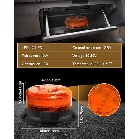 Orange LED Flashing Light 12 V/24 V 8 Flash Modes Cable Warning Light Trailers, Forklift, Tractor, Car Vehicle (1/4)